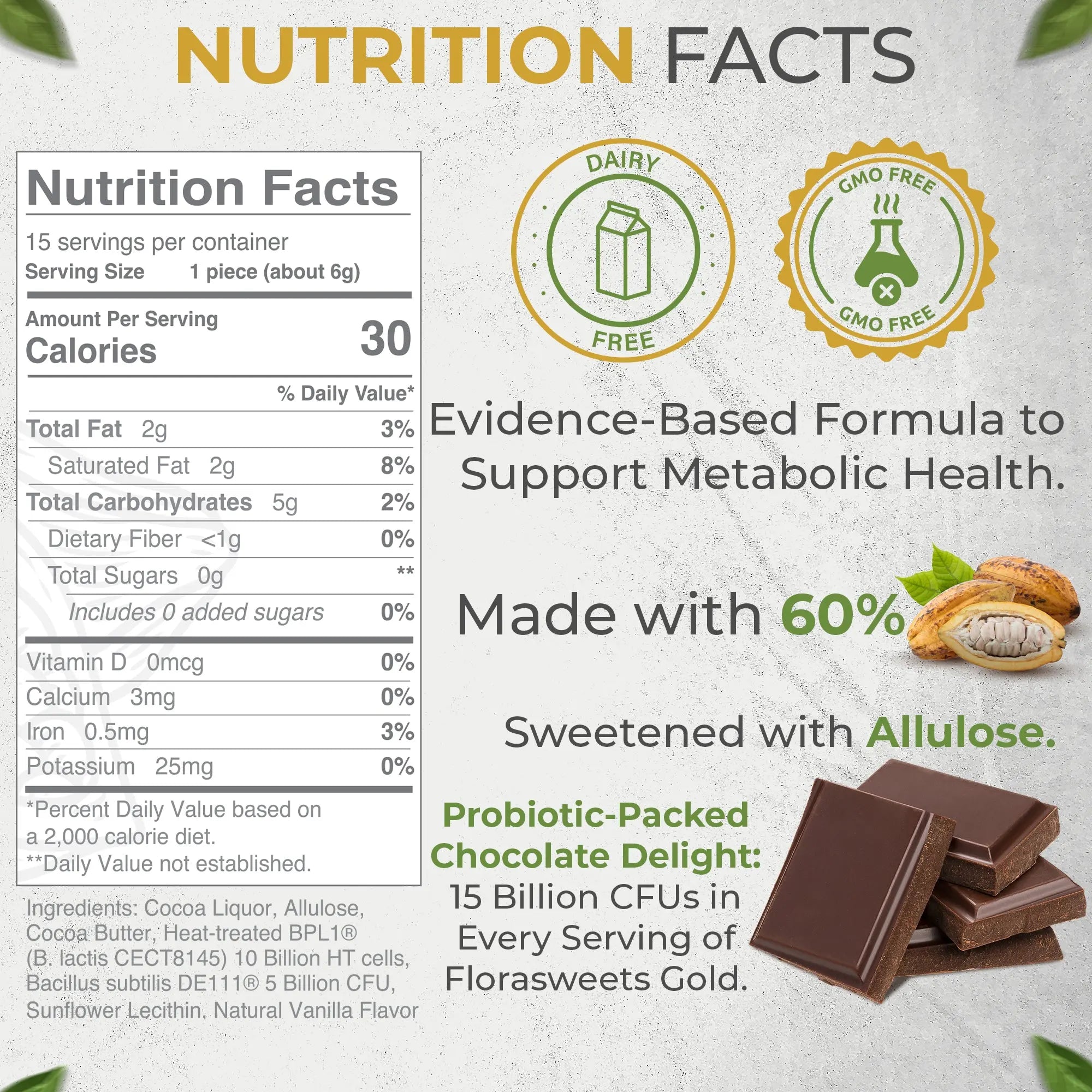 Florasweets Gold Probiotic Chocolate - Sugar Free Dark Chocolate 60% Cacao - Revival Point™