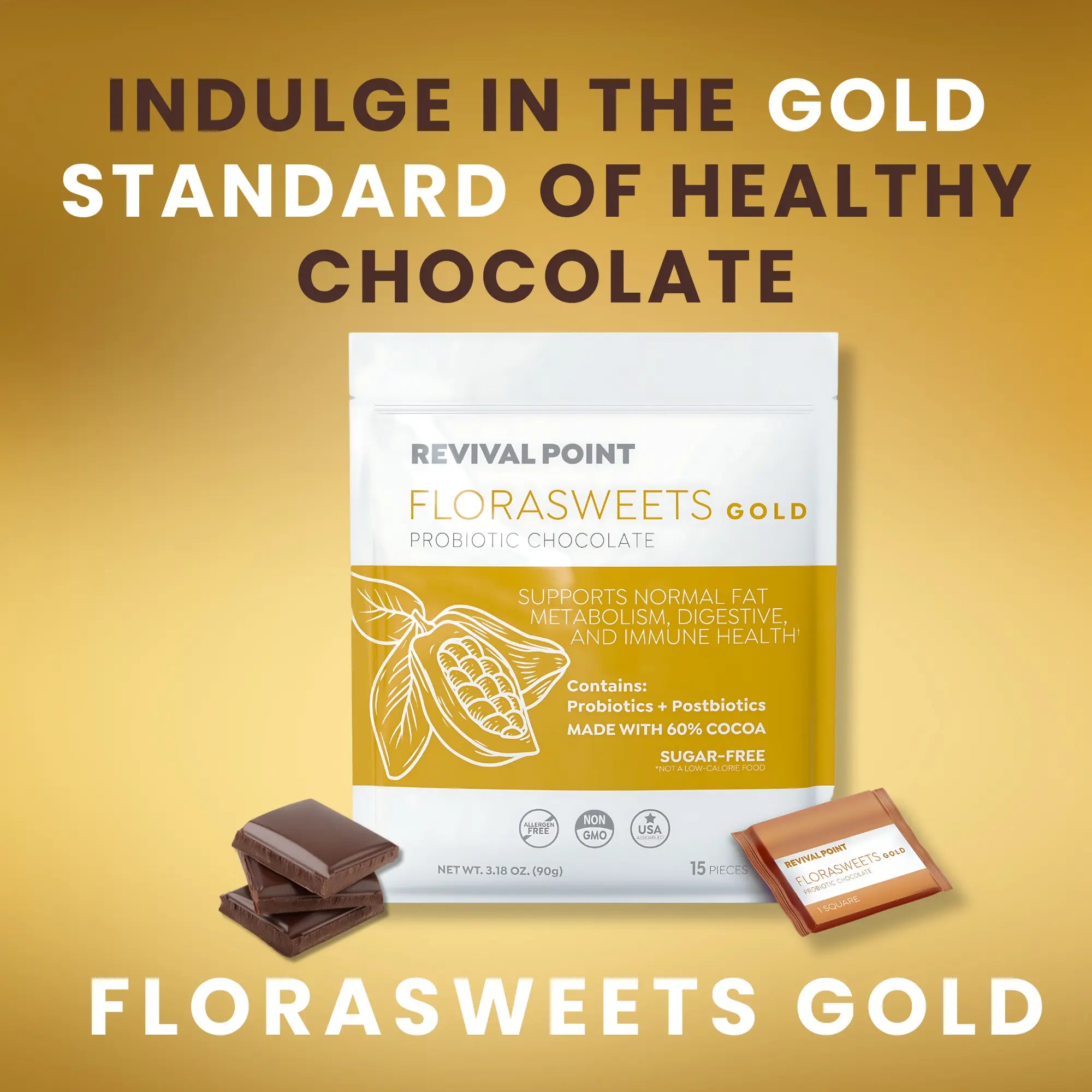 Florasweets Gold Probiotic Chocolate - Sugar Free Dark Chocolate 60% Cacao - Revival Point™
