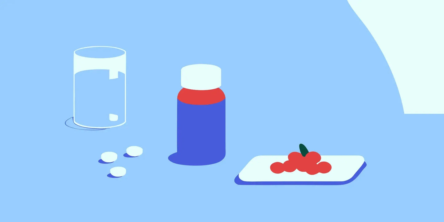 A bottle of the best vitamins for bladder health with a glass of water and fresh berries.