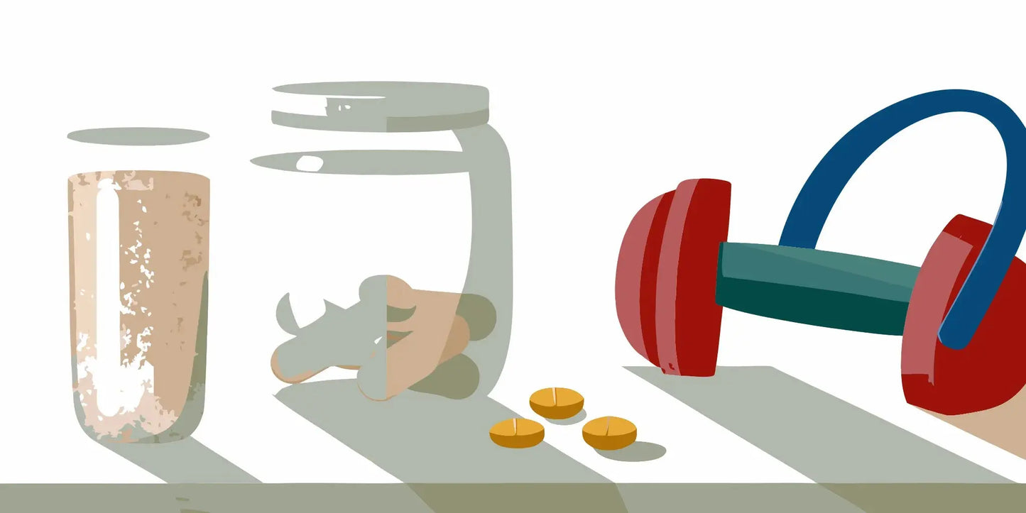 Vitamins for sarcopenia with a protein shake and dumbbell to fight muscle loss.