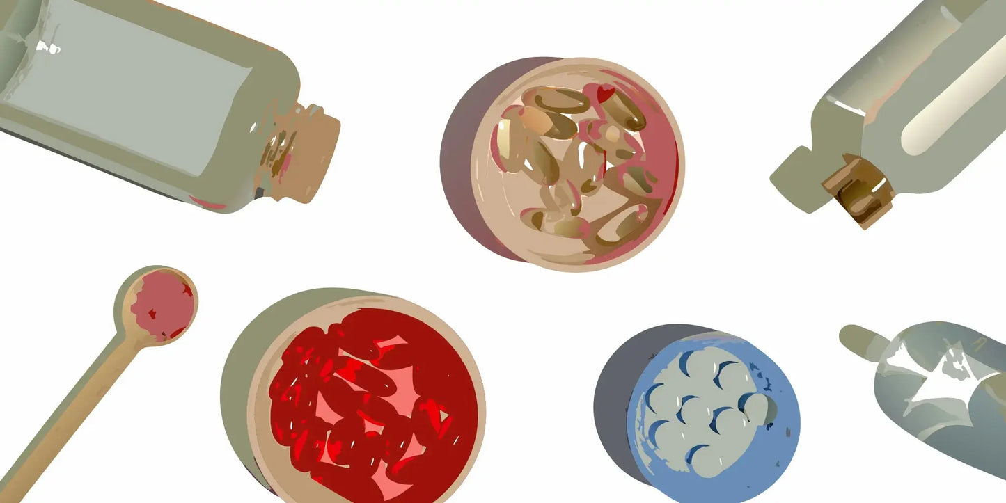 Bottles and capsules of the best supplements for crepey skin.