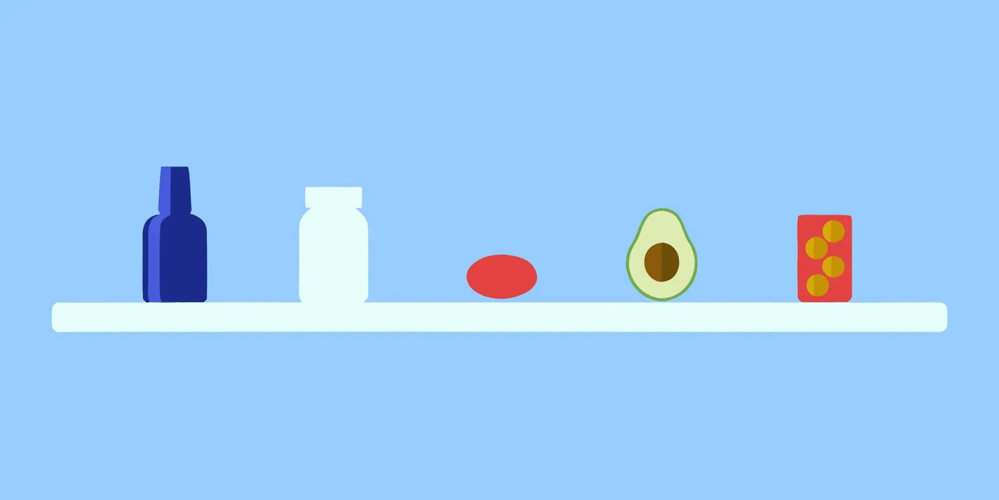 Vitamin supplements and avocado on a shelf for crepey skin after 60.