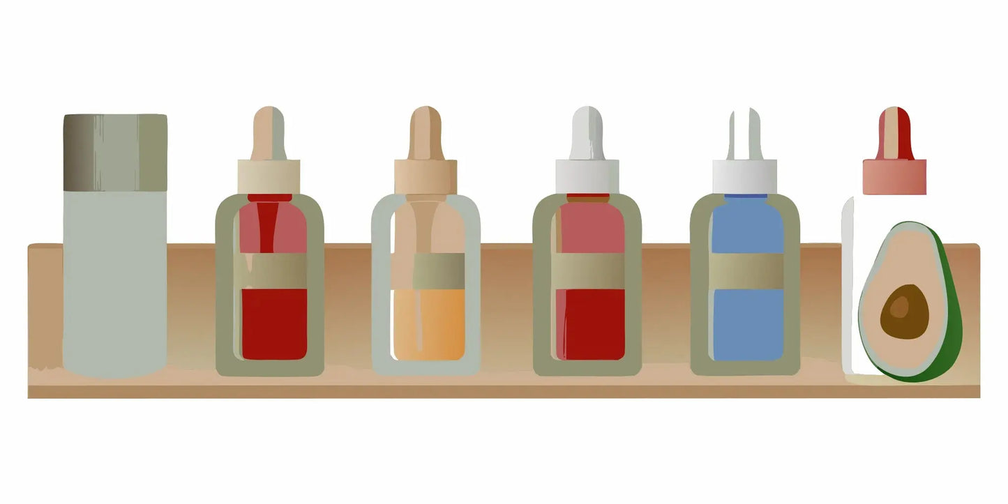A collection of anti-aging vitamin serums and creams for the face on a shelf.
