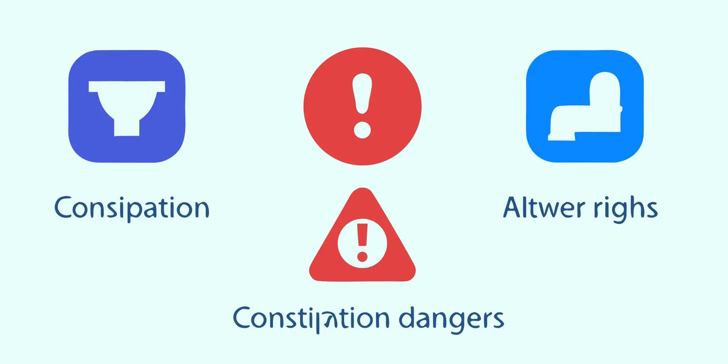Seven constipation danger signs represented by warning icons.