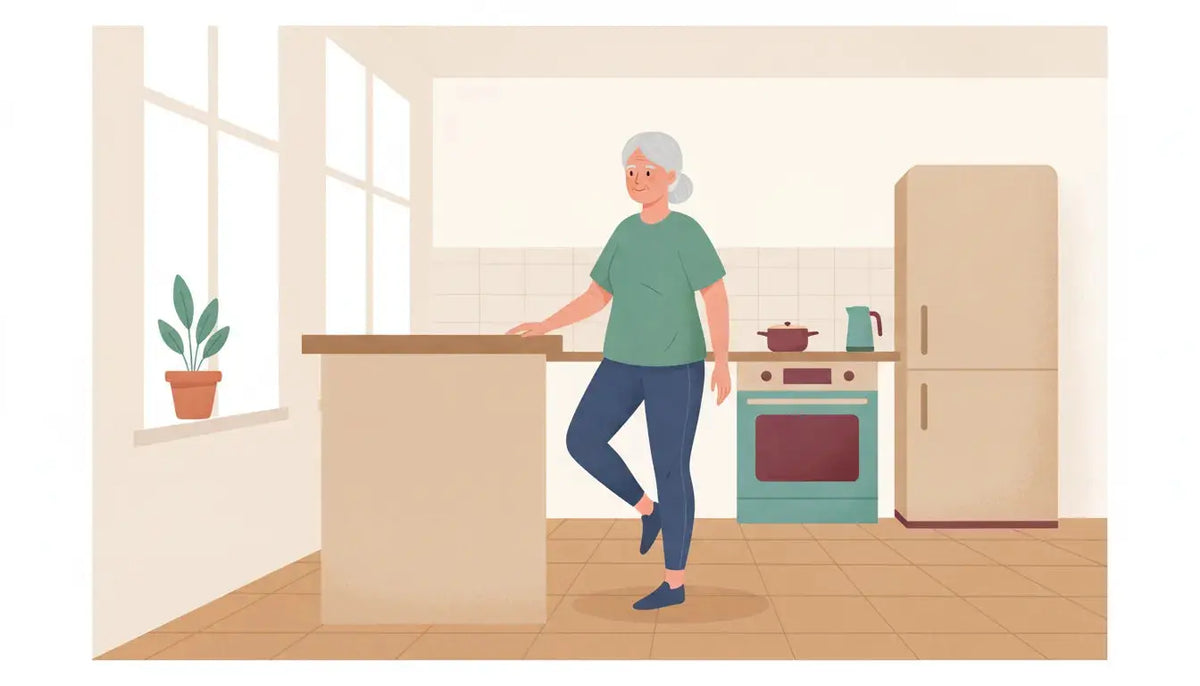 Older adult practicing a supported balance exercise beside a kitchen counter