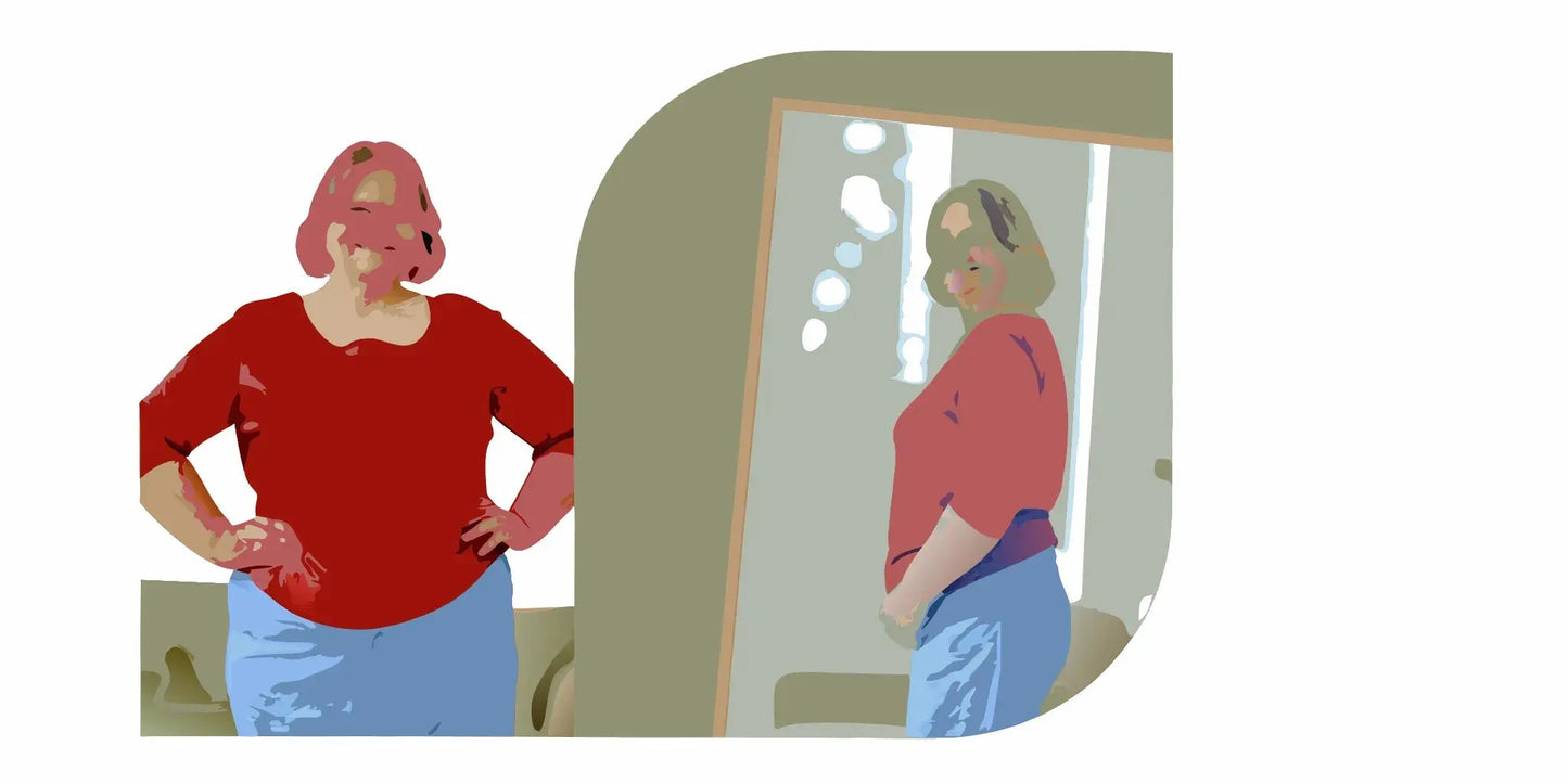 Woman over 50 standing confidently, side profile showing midsection