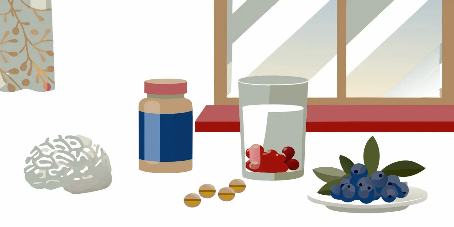Best brain supplements for seniors, including vitamin capsules and brain-boosting blueberries.