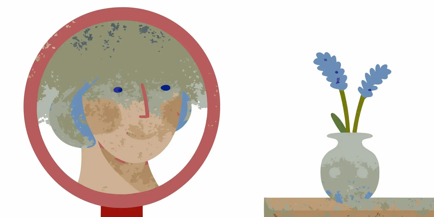 A face's reflection in a mirror, showing smoother skin from using the best collagen for wrinkles.