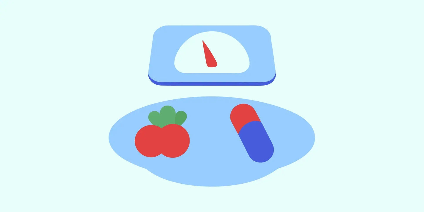 A probiotic capsule of the best Lactobacillus gasseri for weight loss next to a scale and fruit.