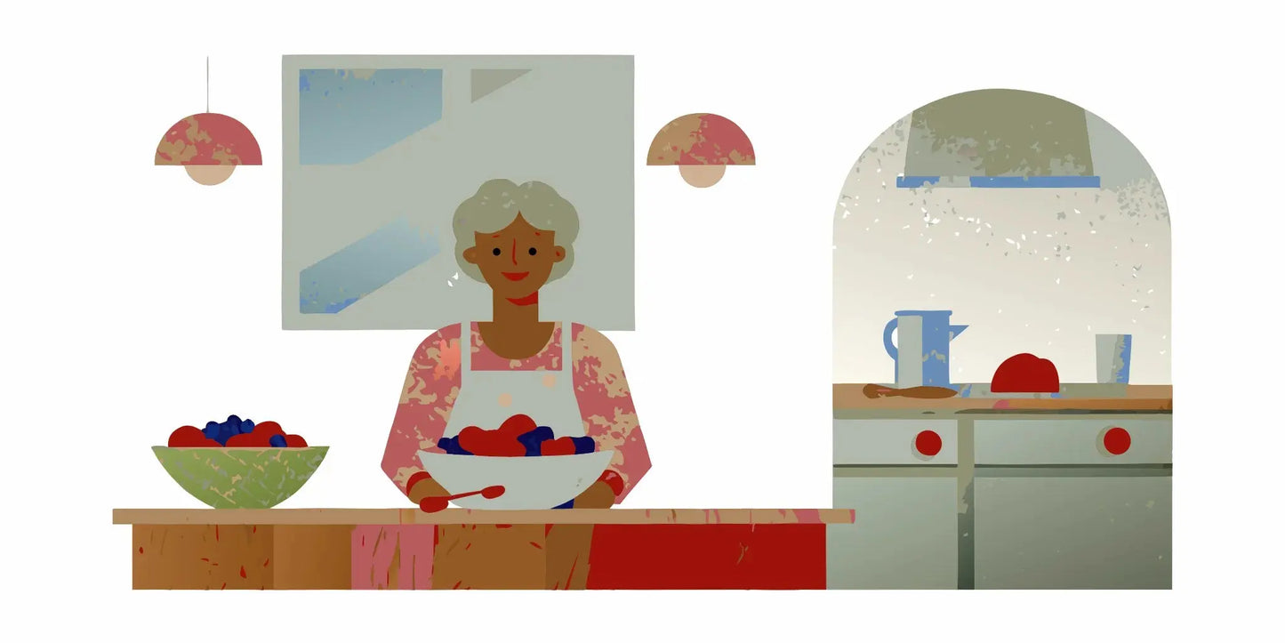Woman over 60 preparing a yogurt and berry breakfast