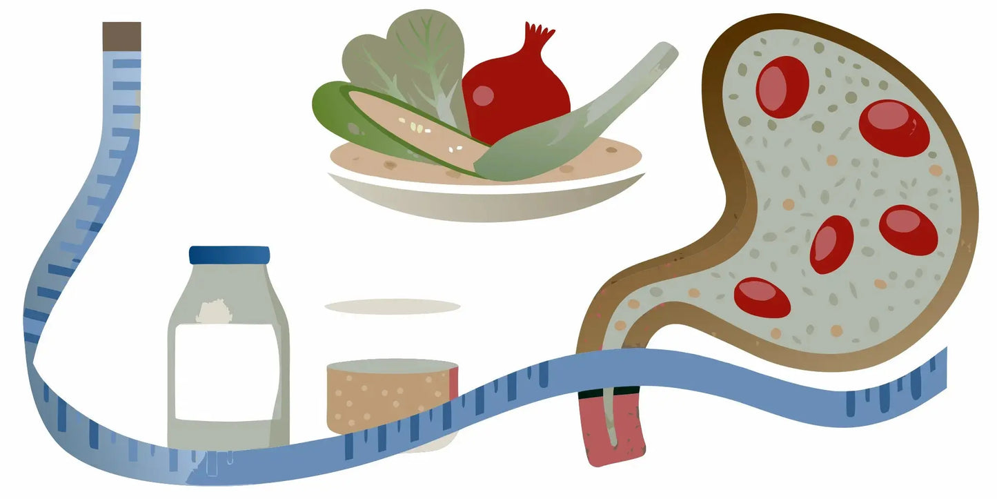 Probiotic foods and a measuring tape representing gut and waist health