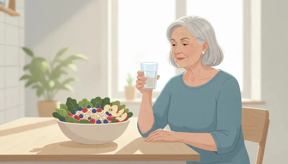 Older woman drinking water beside a fiber-rich breakfast