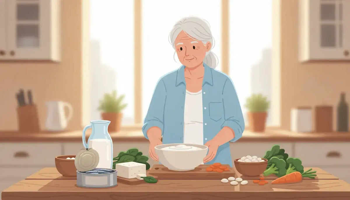 Older woman arranging calcium-rich foods including yogurt, milk, tofu, sardines, beans, and leafy greens