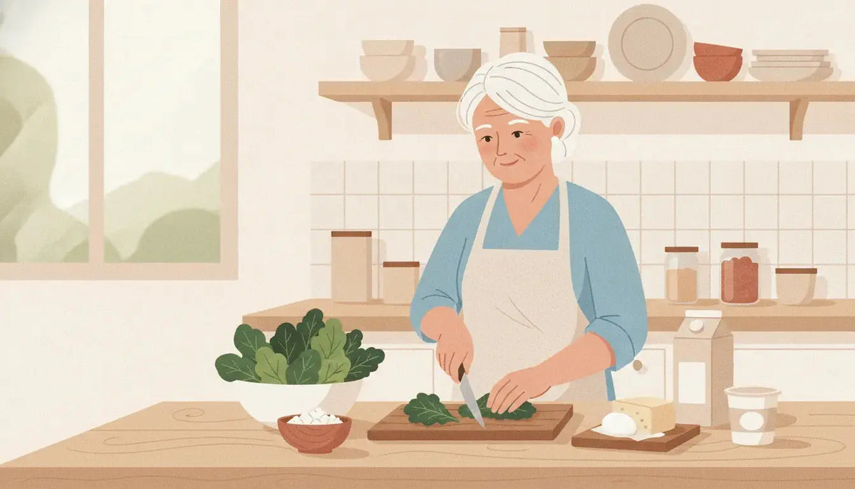 Older woman preparing a calcium-rich meal in a bright kitchen