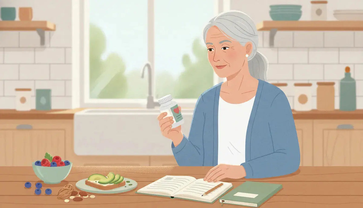 Older woman reviewing CoQ10 supplement information with heart-healthy foods