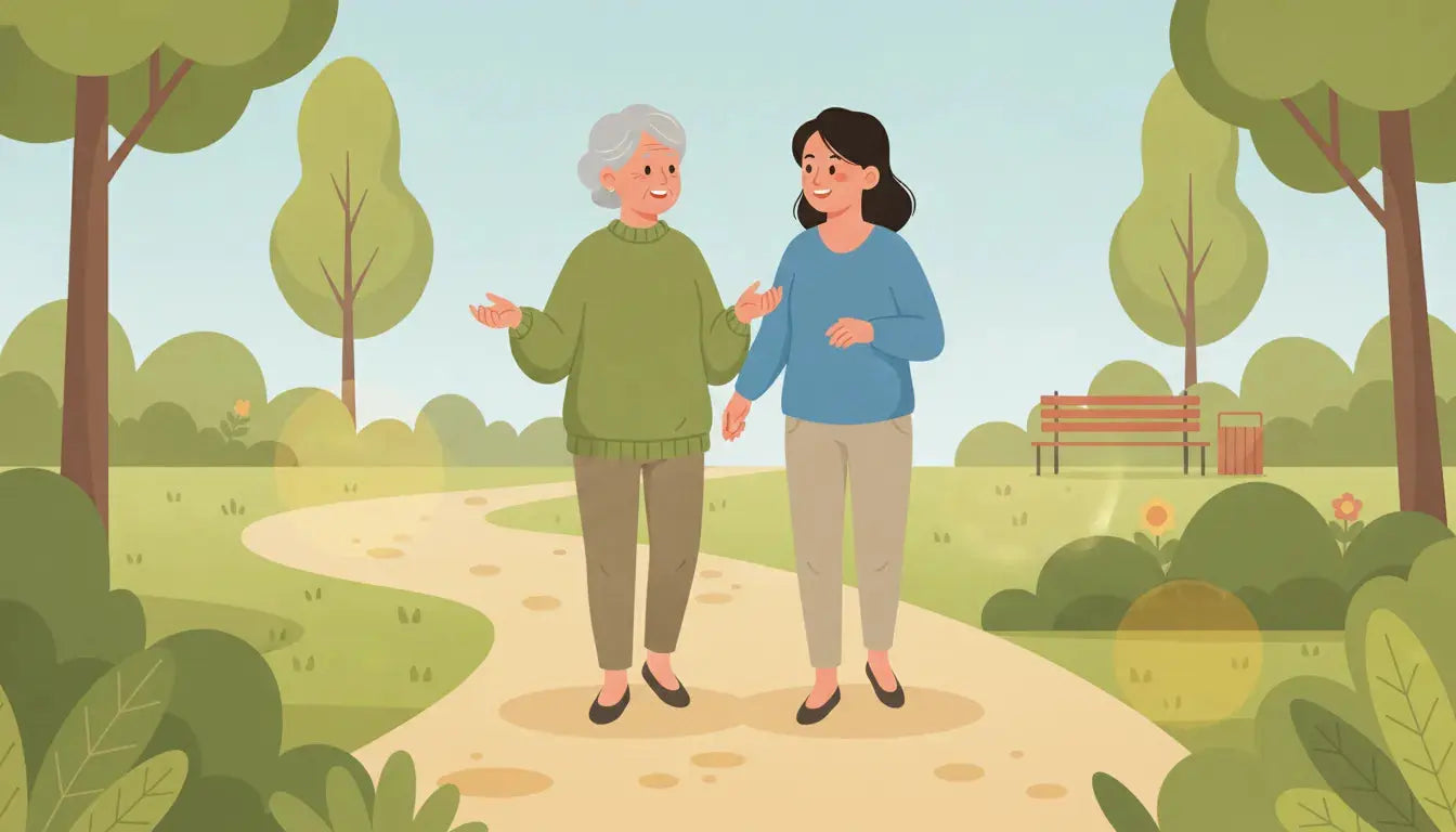 Senior woman walking outdoors with her adult child, enjoying conversation and healthy activity