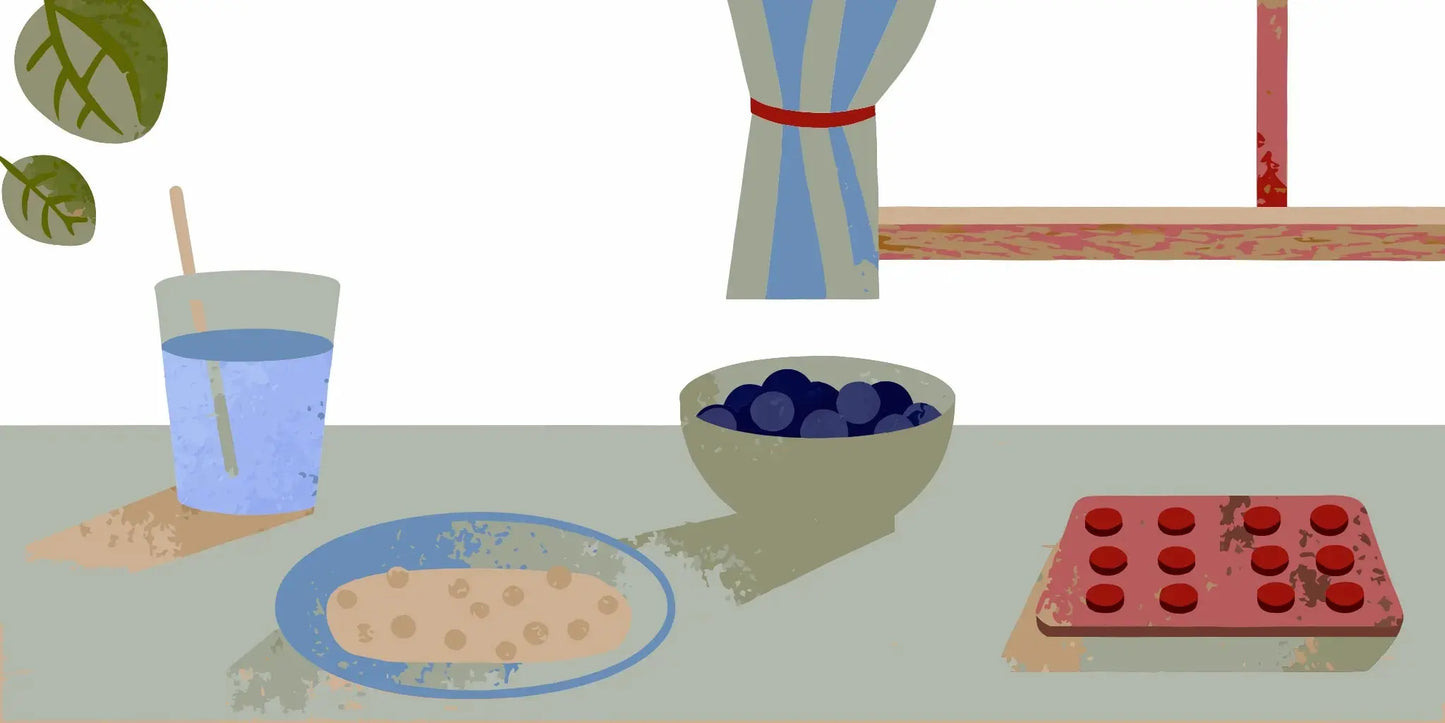 Constipation medicine alternatives including water, prunes, oatmeal, and a pill organizer