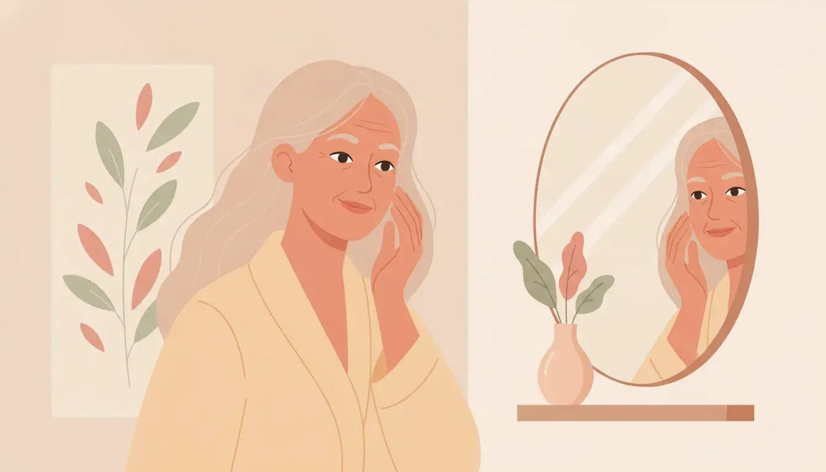Mature woman examining healthy skin in natural light