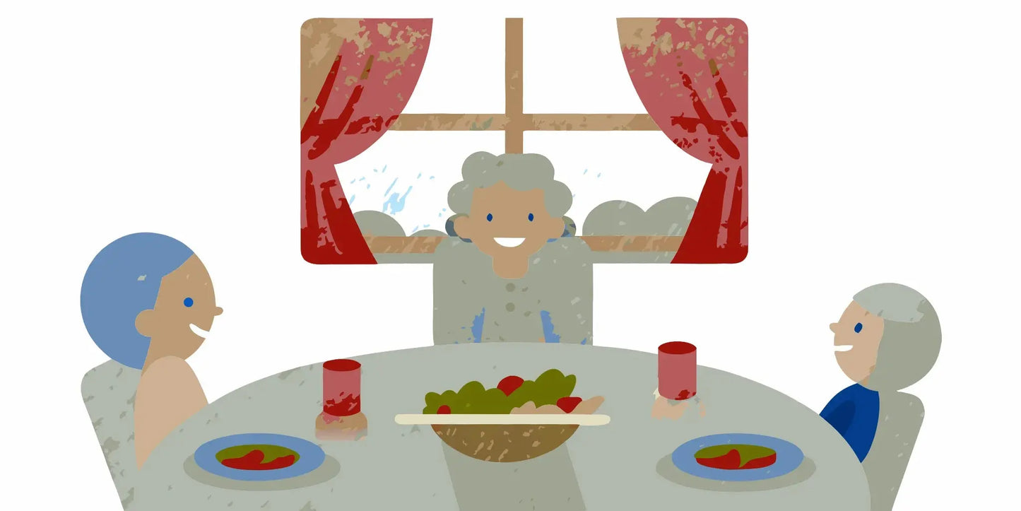 Senior woman comfortable and at ease after a meal at a warm family dining table
