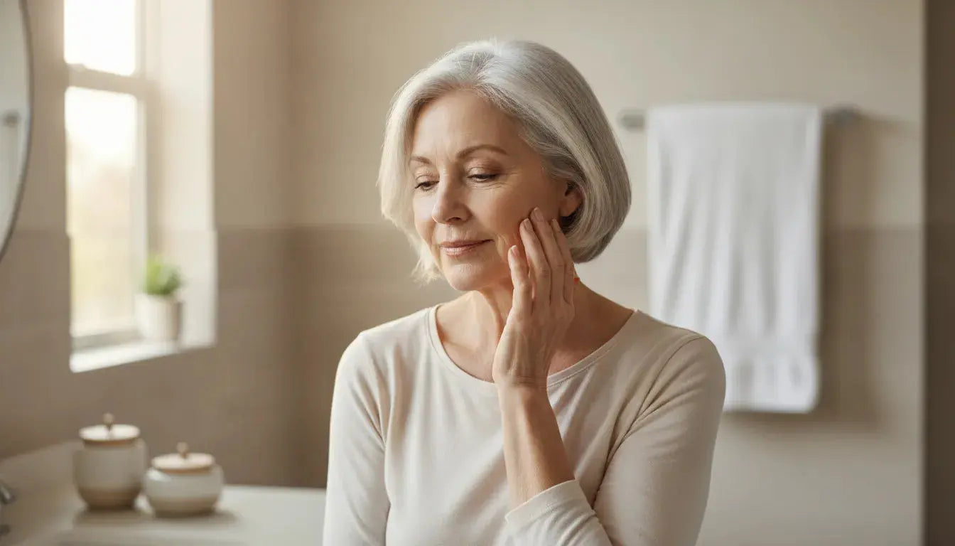 Older woman caring for healthy skin in a bright home
