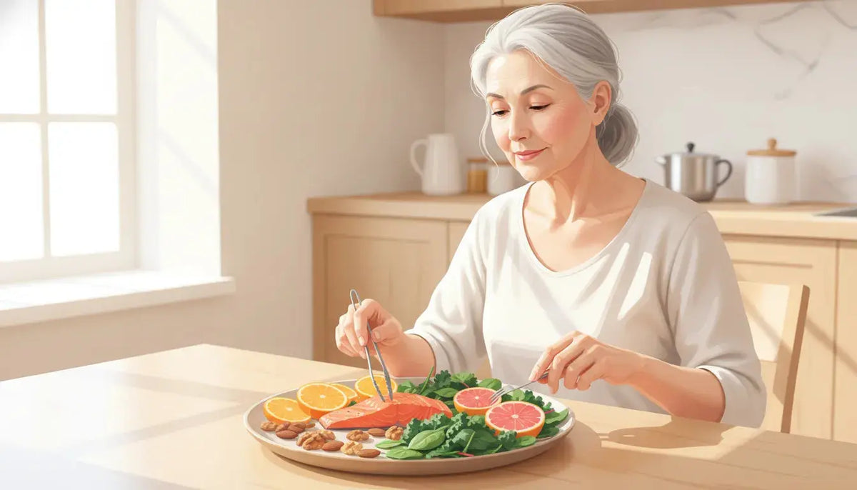 Older woman preparing a nutrient-rich meal for skin health
