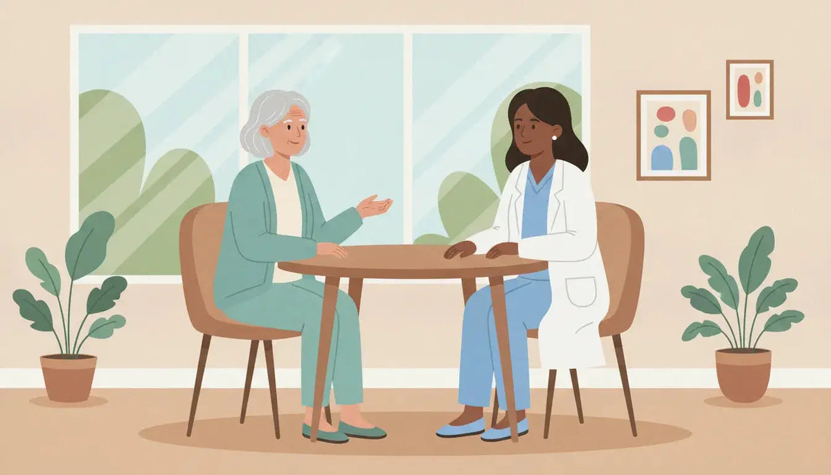 Older woman speaking with a clinician about heart health and supplement safety