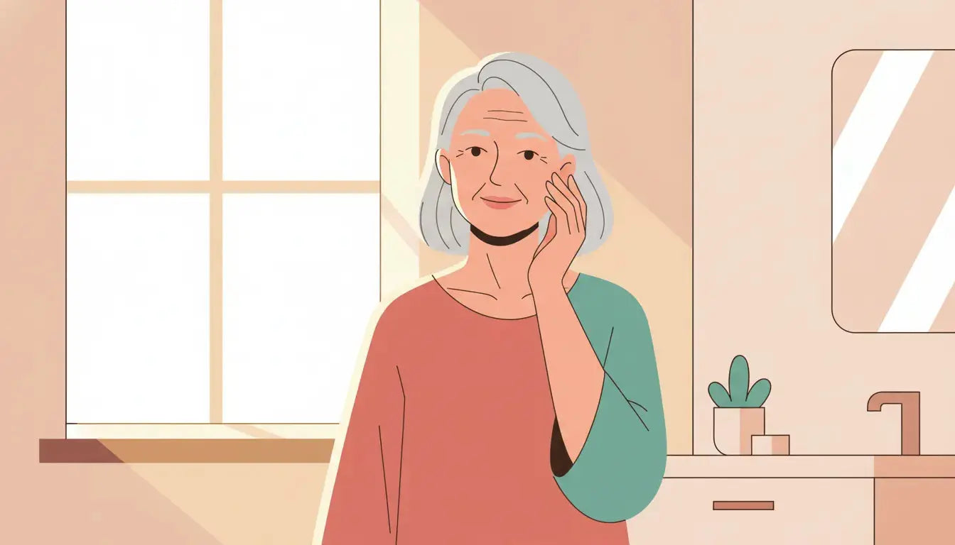 Older woman touching her cheek while learning about collagen and mature skin