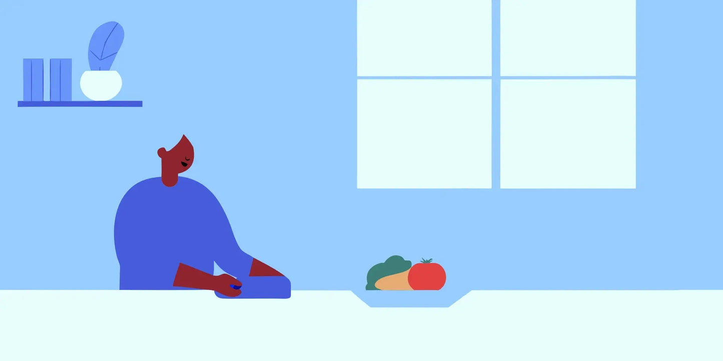 Senior woman checking her blood pressure at home with fresh vegetables in the background