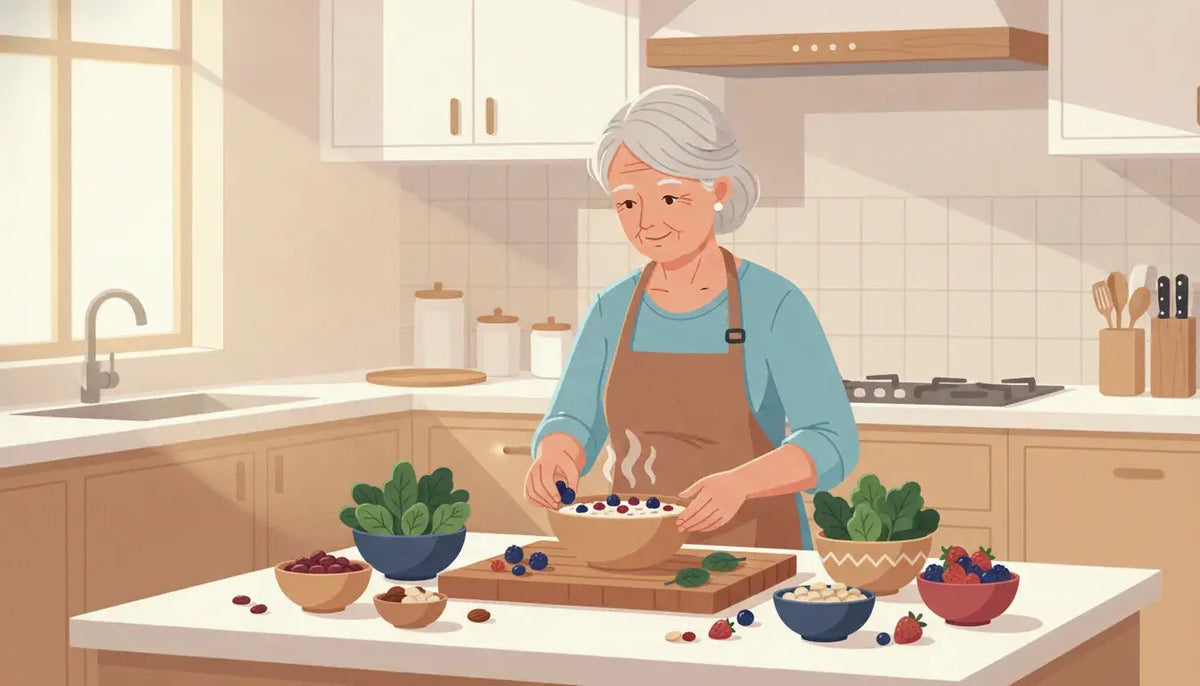 Older woman preparing a heart-healthy meal with oats, beans, greens, berries, and nuts