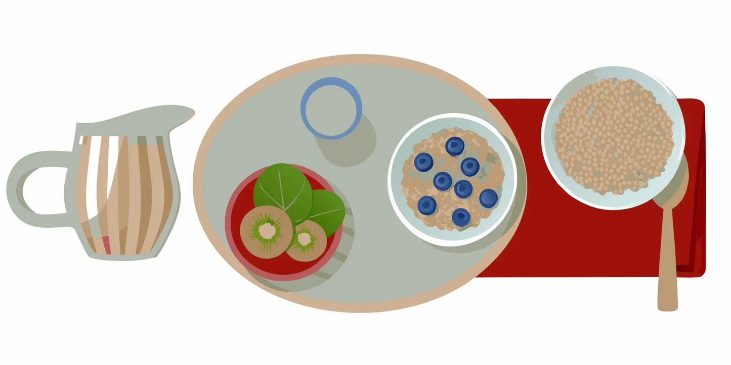 A high-fiber breakfast of oatmeal, blueberries, kiwi, and water to relieve constipation naturally.