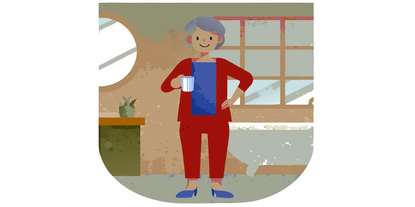 Senior woman drinking water and smiling confidently at home