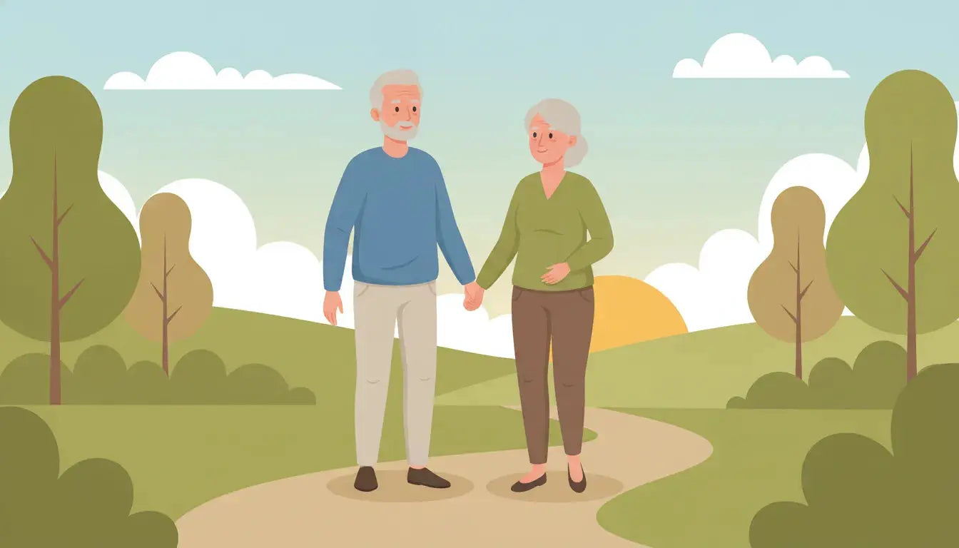 Older man walking with his partner while supporting healthy aging