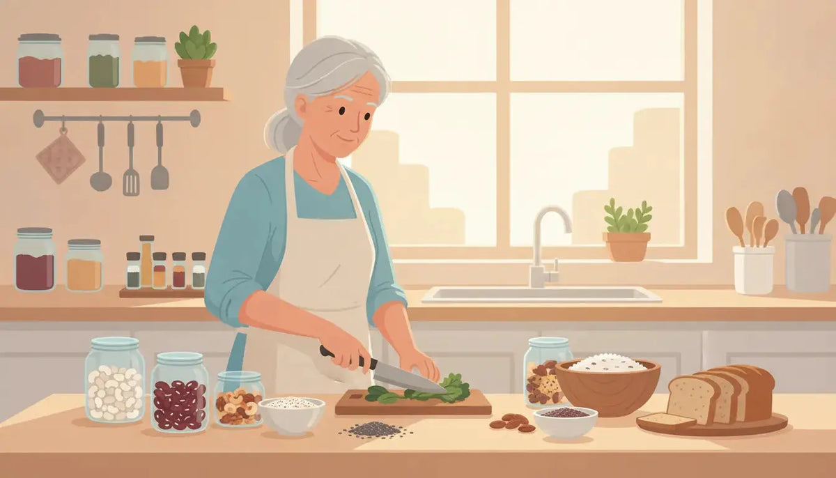 Older woman preparing magnesium-rich foods in a bright kitchen