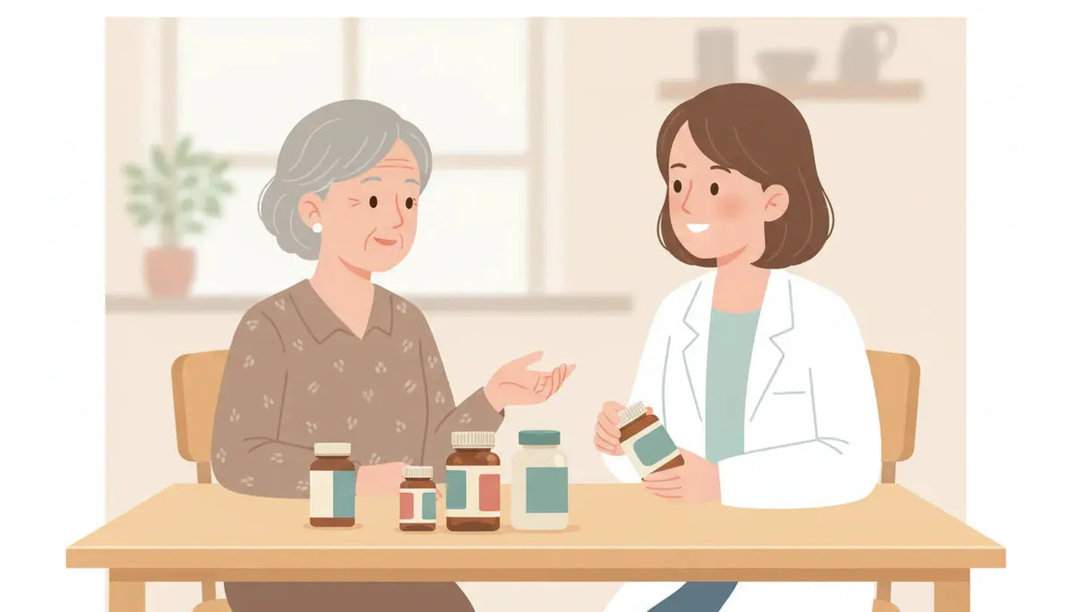 Older woman reviewing supplement options with a pharmacist