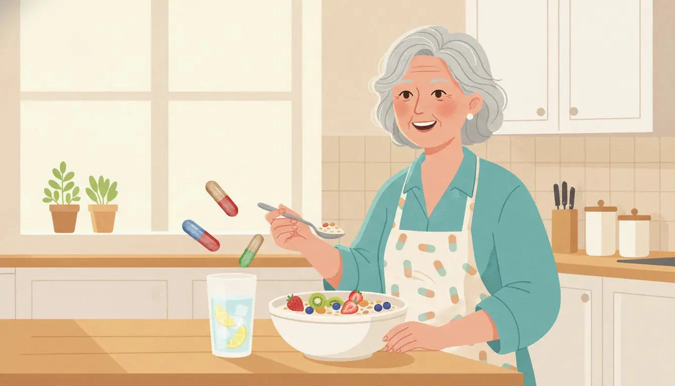 Older woman at ease in a bright kitchen preparing fruit and oatmeal as part of a gentle gut-health morning routine