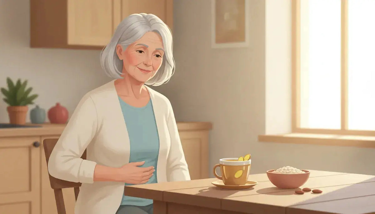 Older woman gently holding her upper abdomen beside ginger tea and oatmeal