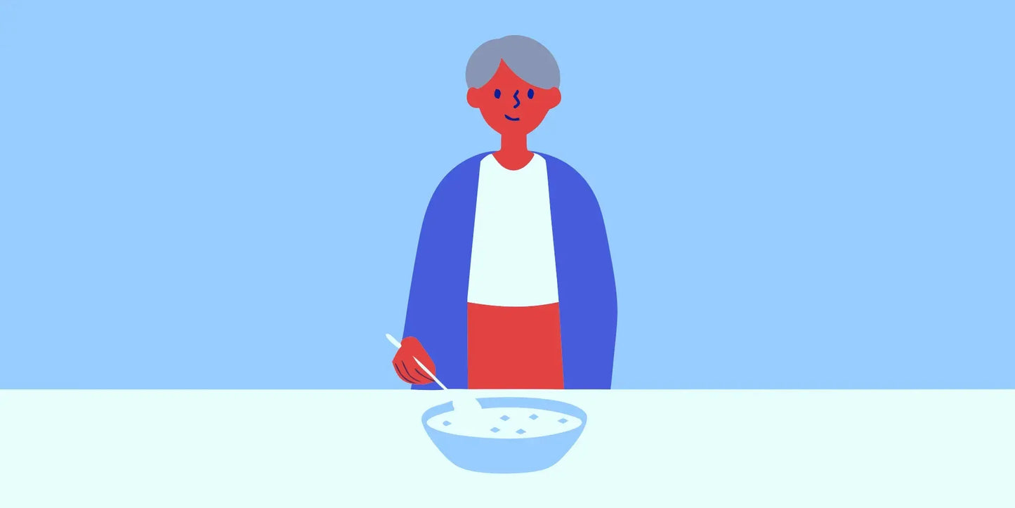 An elderly woman eating food rich in probiotics for gut health.