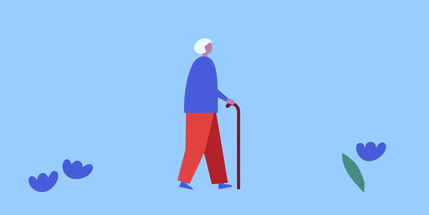 Older woman walking confidently with a cane through a sunlit park, strong and independent