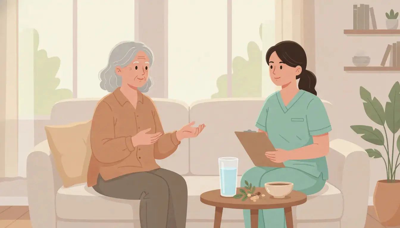Older woman discussing bladder support with a healthcare professional