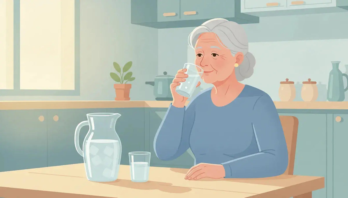 Older American woman drinking water at a kitchen table