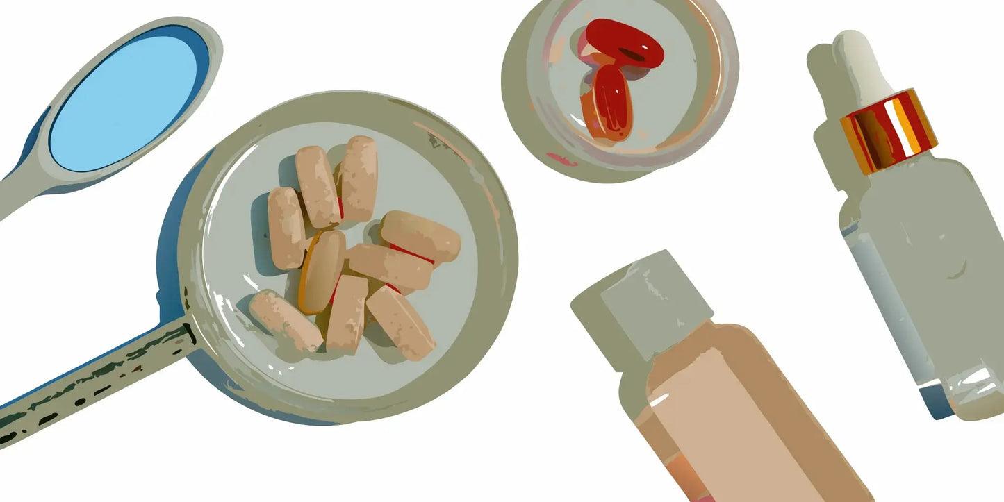 Pills and supplement capsules containing key ingredients for younger looking skin.