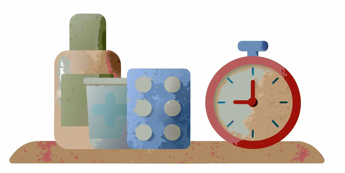 A clock next to a bottle and pills of the fastest acting laxative for constipation relief.
