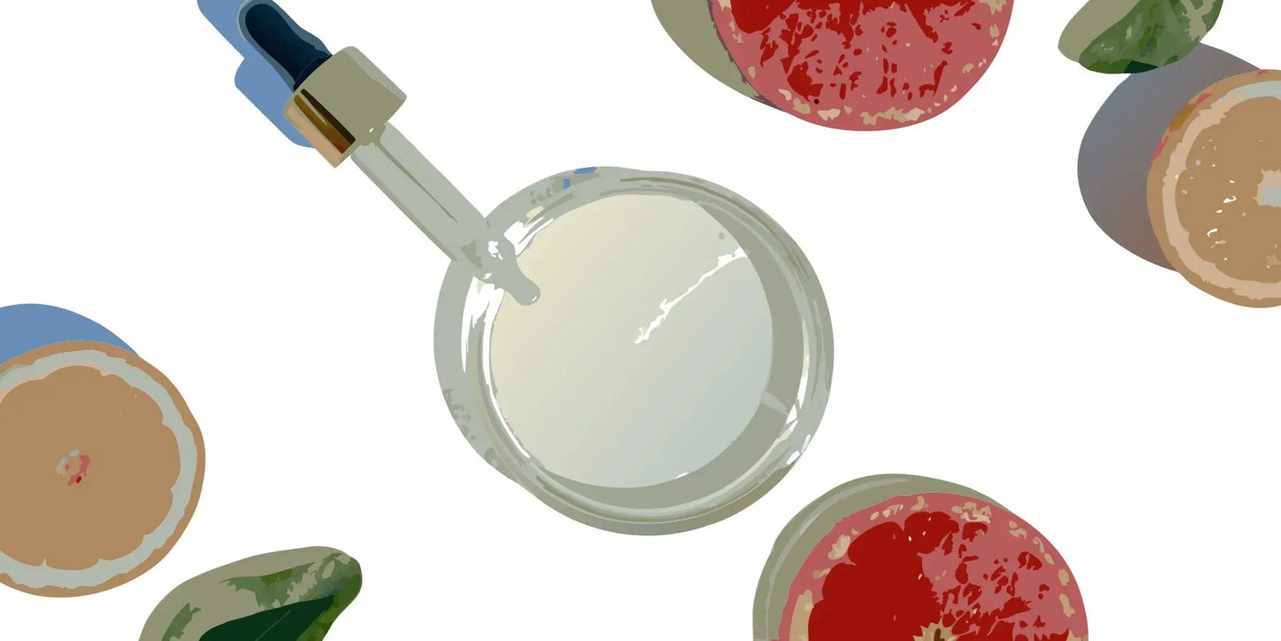 A dropper of vitamin serum with citrus fruits to help with crepey skin.
