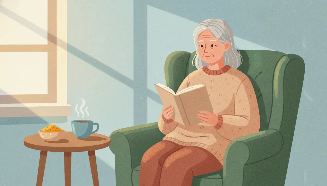 Older woman reading in a sunny home while considering brain health