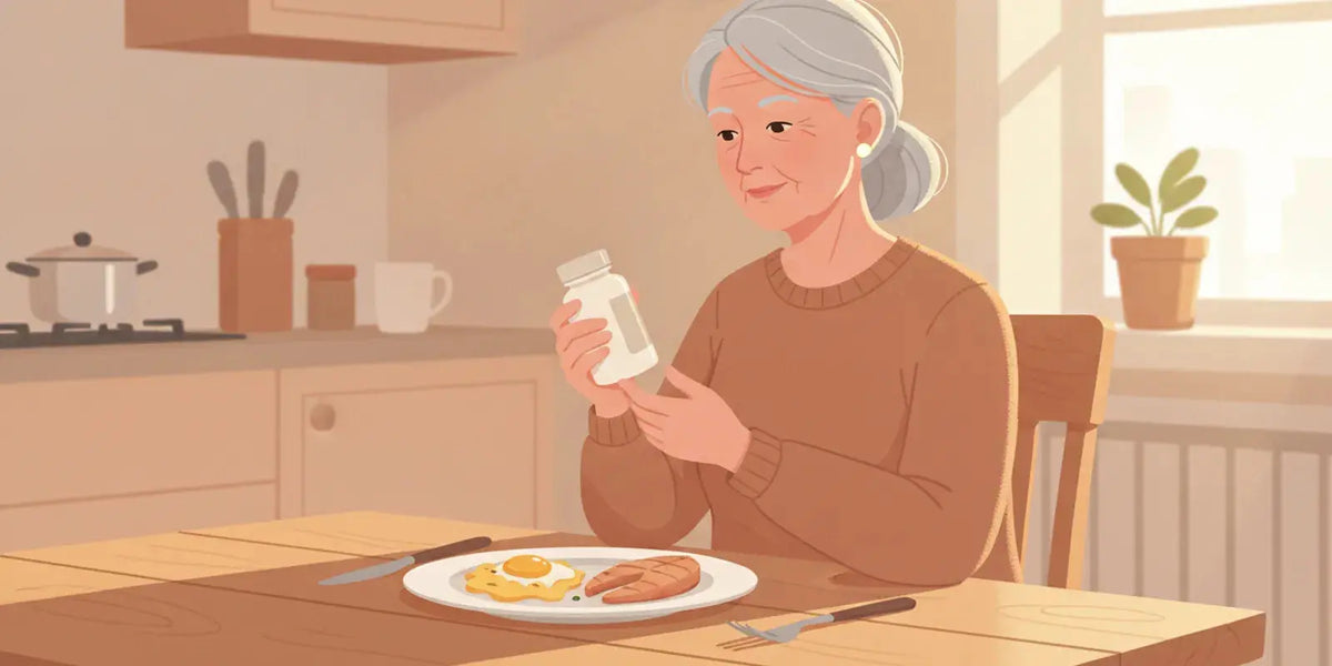 Older woman reviewing a vitamin B12 supplement beside a meal with eggs and fish