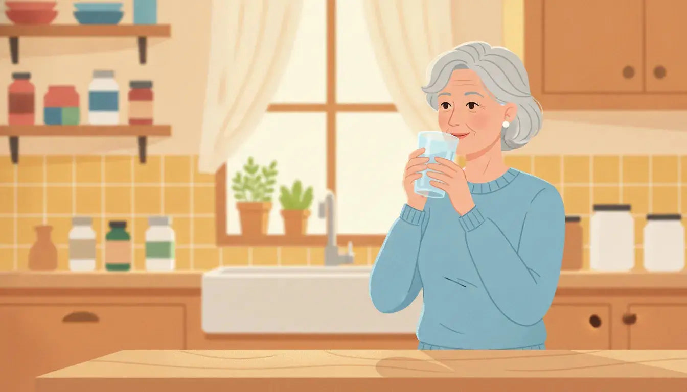 A cheerful woman in her sixties drinking water in a bright kitchen, calm and healthy