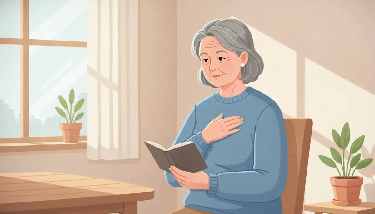 Older woman calmly noting a heart symptom at home
