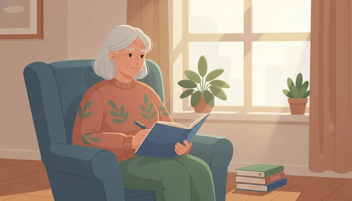 Woman in her 60s journaling during the menopause transition