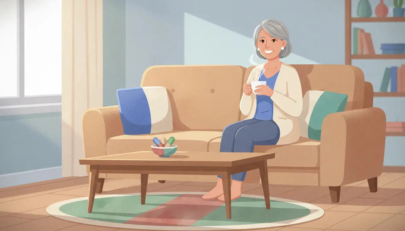 An older woman at ease at home, reflecting the confidence of better bladder control support