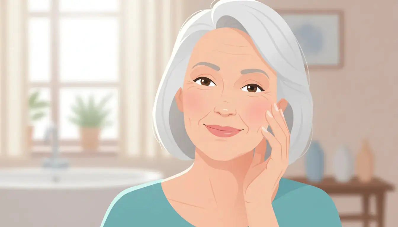 Woman in her 60s with healthy, smooth skin touching her cheek in soft natural light